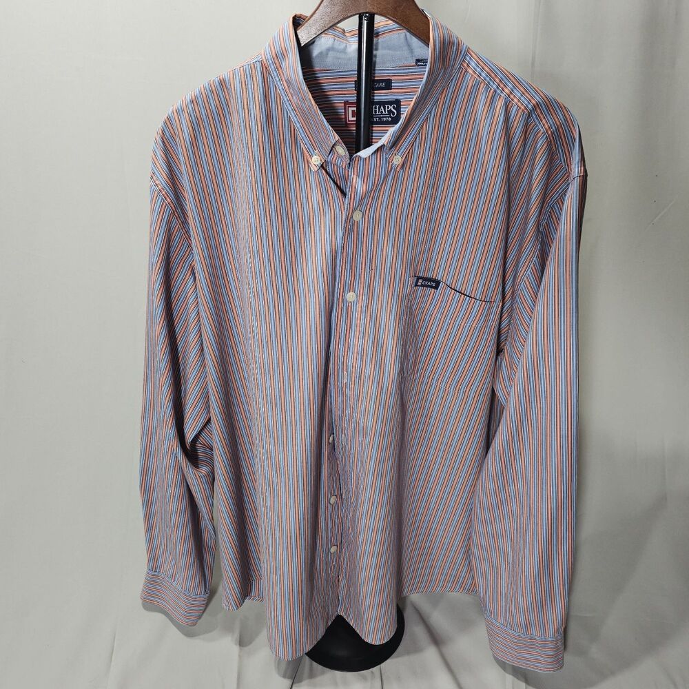 Chaps Mens Orange Blue White Stripe Button Down Shirt Easy Care Size XXL